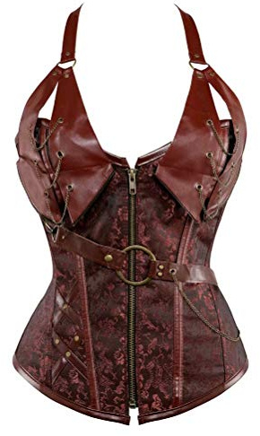 jutrisujo Steampunk Korsett Damen Top Corsage mit Träger Leder Vintage Gothic Punk Korsage Piraten