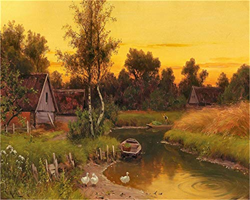 YEESAM ART DIY Ölgemälde Malen nach Zahlen Erwachsene Kinder, Sonnenuntergang Wald Fluss Landschaft Zahlenmalerei ab 5 Öl Wandkunst (Sonnenuntergang, ohne Rahmen)