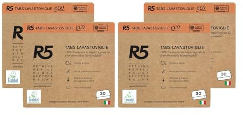 R5, Eco Tabs Lave-vaisselle, 120 pastilles Lave-vaisselle, avec tensioactifs d'origine végétale, certifiés Ecolabel, Climate Partner et Plastic Negative, Made in Italy, 4 x 30 Pods