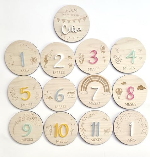 Qukimax® - Cumplemes personalizado de madera natural. En castellano, català, valencià, galego... Placas cumple mes, regalo bebé, recién nacido.
