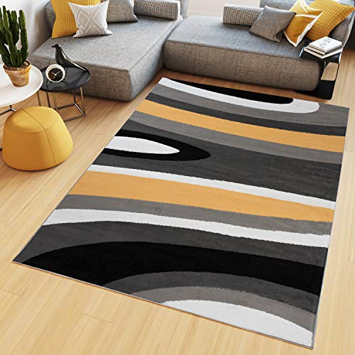 TAPISO Maya Kollektion Teppich Kurzflor Modern Streifen Gestreift Design Grau Schwarz Weiß Gelb Wohnzimmer Schlafzimmer Büro ÖKOTEX 140 x 200 cm