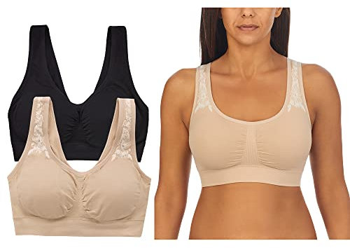ELLEN TRACY Damen Unterwäsche Nahtloser Bügelloser BH Bralette mit herausnehmbaren Pads 2er Pack Multipack, Schwarz/Sonnenbeige mit Blumenstickerei, Large