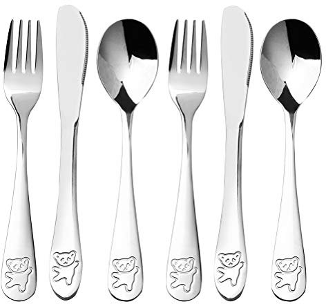 6 Pièces Couverts Enfant en INOX, 2 x Fourchette 2 x Cuillère et 2 x Couteaux pour Enfant Bébé Maison l'école Utilisation(Ours, Argentél)