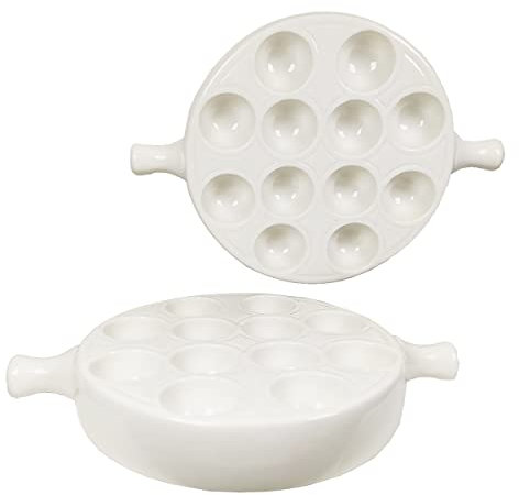 Set di 2 piastre per escargot in ceramica con maniglia, set di fori per forno, per casa, ristorante, hotel (23,5 x 16,5 cm, bianco)
