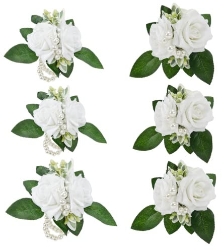 Meldel Handgelenk-Ansteckblume und Boutonniere Set für Abschlussball, Boutonniere für Männer, Hochzeit, Bräutigam, Hand, Blumen (3 Stück Knopflochblumen & 3 Stück Handgelenkkorsagen weiß #2)