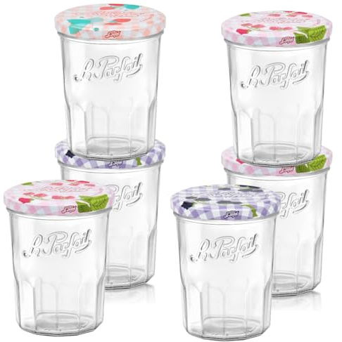 Le Parfait Jam Jars Clear Canning Jars w/Colorful Airtight Metal Lids | Sturdy French Faceted Non-Slip Glass Body | Works for Jam + Jelly Storage, Snacks, Picnic, DIY | 13oz (Pack of 6) 385ml