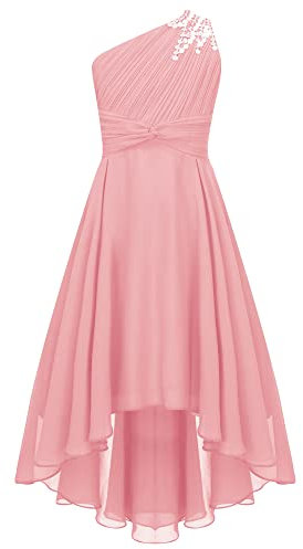 IEFIEL Robe de Mariage d'honneur Enfant Fille Une Épaule Robe de Princesse Cérémonie Plissée Robes Bustier Soirée Cocktail A Volante Dos Nu Rose 5-6 Ans