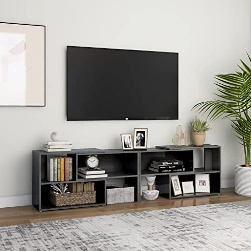 WIFESE Meuble TV Gris Brillant 149x30x52 cm Aggloméré Meuble Television Style Industriel Table TV Support de TV Décoration Salon Etagère Rangement Magazines Livres Plantes Cadres Photo