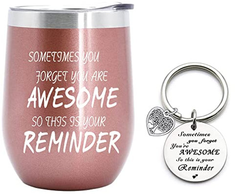 Edelstahl Kaffeebecher mit Gravur Geschenk für Frauen - Sometimes You Forget You Are Awesome Thermobecher für ihr Geburtstag Geschenk - 350ml Roségold Kaffeetasse mit Deckel, mit Schlüsselanhänger