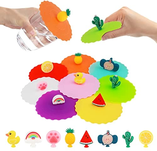 8 Pcs Cute Silicone Cup Lids,Airtight Creative Animal Mug Cover Colorful Anti-Dust Glass Covers Reusable Cup Covers for Drinks Coffee Tea Milk Beer Cups Outdoors & Indoors(10CM)