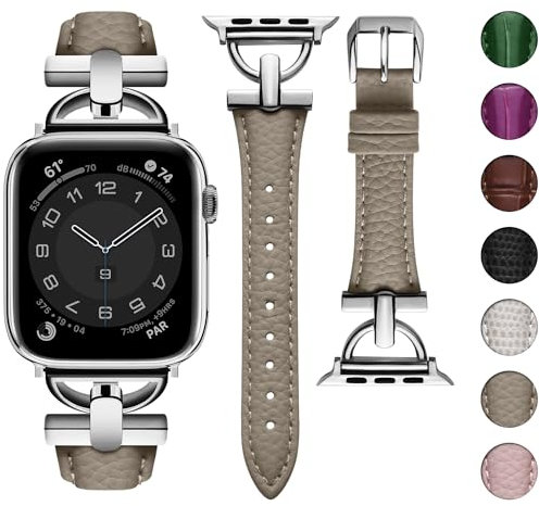 wutwuk Lederarmband Kompatibel mit Apple Watch Armband 46mm 45mm 44mm 49mm 42mm Damen Slim Lederband mit D-förmiger Schnalle für iWatch Series 10 9 8 7 6 5 4 3 2 1 SE Ultra, Khaki Silber