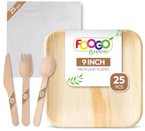 FOOGO Green 125pcs Disposable Palm Leaf Plates, Wooden Cutlery Set and White Napkins, FSC® Certified, 25x Large Square Plates, 25x Forks, 25x Knives, 25x Spoons, 25x White Napkins, Eco Friendly