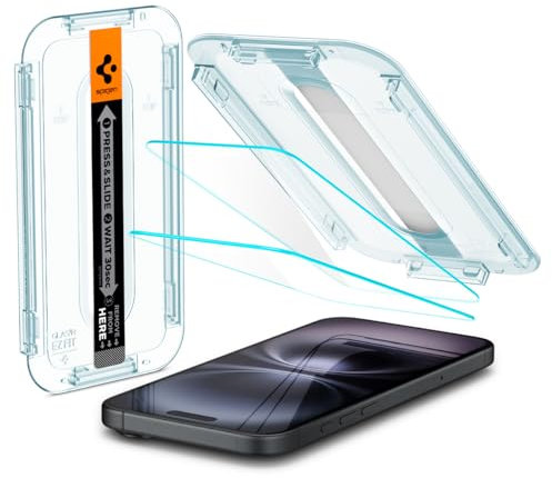 Spigen Glas.tR EZ Fit Protector Pantalla para iPhone 16, iPhone 15, 2 Unidades, Instalación Fácil, Alta Definicion, Dureza 9H