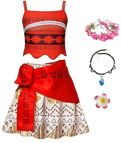YOSICIL Vaiana 2 Prinzessin Kostüm für Kinder Mädchen Moana Outfits Set mit Kranz Halskette Strandkleid Tribal Dress up Set für Verkleidung Cosplay Strand Urlaub Weihnachten Rollenspiel Karneval, 120