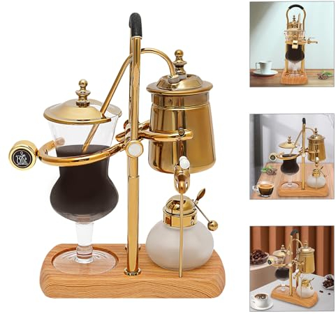 SuhoFutus Kaffeemaschine, Belgien Luxus Royal Familie Siphon Kaffeemaschine aus Hohe Borosilikatglas, mit 304 Edelstahl und Log Basis, 400ml (23.5x12x38cm), Teekanne (Gold)