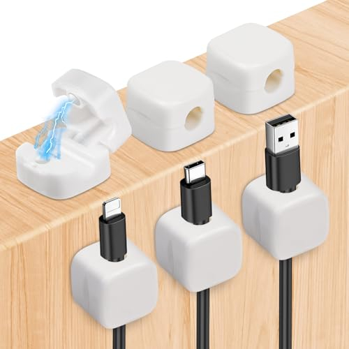 URAQT Clips Câble Organisateur Bureau, 6 Pcs d'organisateurs de câbles magnétiques, Range Câbles Silicone Fixe pour Câbles de Chargeur/Souris/Écouteur/Ustensiles de Cuisine (Blanc)