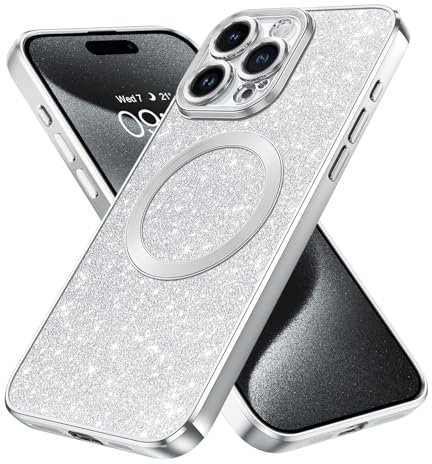 GaoBao for iPhone 15 Pro Max Case, Slim 15 Pro Max Case [Compatible with MagSafe] Fashion Sparkle Luxury Shockproof Anti-Slip Women Girl Bling Phone Cover for iPhone 15 Pro Max 6.7, Glitter Silver