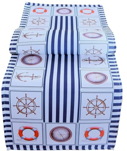 Maritimer Tischläufer Anker Druck blau bunt Polyester als Tischdeko - Tischdecke Kompass gestreift TERESA 40 x 140 cm rechteckig - Waschbare Kunststoff Mitteldecke Esstisch Deko Party, Geburtstag