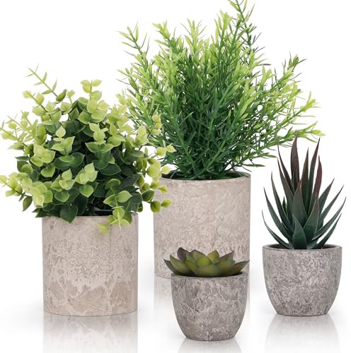 Winter Shore Plantes Artificielles Interieur (Lot 4) Petite Plante Artificielle Decoration Style Champetre - Fausse Plante en Pot pour Salle de Bain & Bureau - Eucalyptus & Succulentes pour la Maison