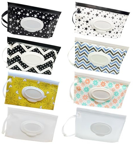 8 Pack Portable Wet Wipe Pouch Dispenser, Reusable Refillable Travel Wipes Holder & Case, Lightweight Flushable Diaper Wipes Container for Baby