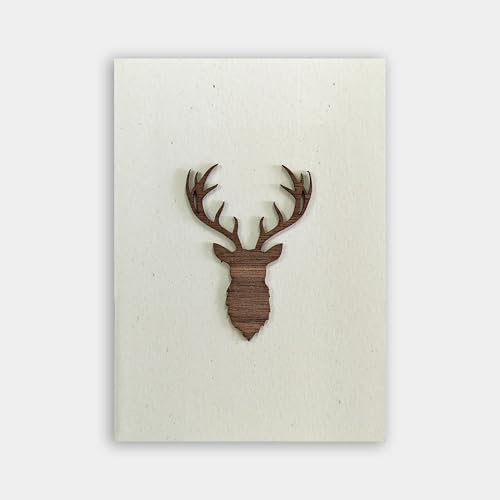 Original Holzgrusskarte - Geschenkkarte mit Echtholzmotiv Hirschkopf aus Nussholz, Geburtstagskarte Jäger, Jägerin, Förster - Hirsch – einzigartige Grußkarte, Glückwunschkarte Jäger, Gratulation