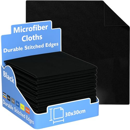 REXO - Microfibre Cloth 30x30cm Pack Of 10 Lint Free And Streak Free 300gsm Cleaning Cloths Wipes For Home Furniture Polish, Kitchen, Car Cleaning, Bathroom, Window, Glass, Mirror And More (Black)