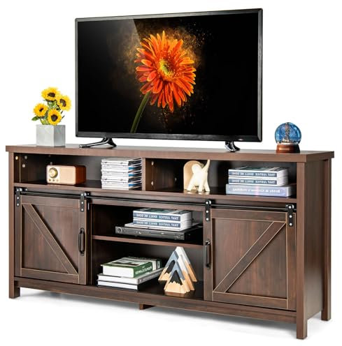 CASART TV Stand Cabinet for 65 Inch TVs, 150cm Wooden Console Table TV Unit with Sliding Barn Doors, Adjustable Shelf & Cable Holes, Media Entertainment Center for Living Room Bedroom (Dark Brown)