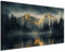 DARO Design® Leinwand 60x40 cm Deko Schlafzimmer Aesthetic Leinwandbilder Wohnzimmer Gemälde Foto Geschenk Living Room Decoration Kunst Berge Gold See Wald Wasser Spiegelung Nebel
