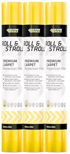 Buildware 3x Roll & Stroll Premium Carpet Protector – Self-Adhesive, Waterproof, Yellow, 600mm x 25m – Easy to Apply & Roll