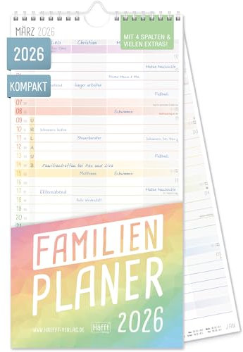 Häfft® Familienplaner 2026 Kompakt mit 4 Spalten Rainbow 16,5 x 32,5 cm - Wandkalender Familienkalender für 12 Monate Jan bis Dez 26 - nachhaltig & klimafreundlich