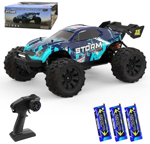 X-Verse 1:14 100KM/H Ferngesteuertes Auto, 4WD Wasserdichtes RC Autos mit 3S Bürstenloser Motor, 2.4GHz All Terrain Offroad RC Truck Truggy für Erwachsene,3 Batterien(Blau)