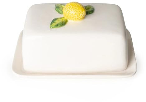 Home Deco London Ceramic Butter Dish with Lemon Design, White