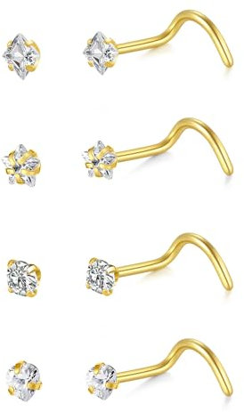 LAURITAMI 4 Pièces Piercing Nez, 20G Piercing Nez Acier Inoxydable Or, Spirale Forme Percing Narine Bijoux de Percing pour Femme Homme