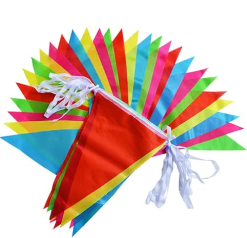 SHENJMAI Mehrfarbig Wimpel 100M Bunte Dreieck Fahnen Party Festival Wimpel Outdoor Bunting Banner Nylon Dreieckige String Flagge für Geburtstag, Hochzeit(22x35cm(100M150flags)