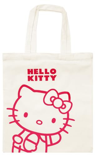 ms móvil shop Bolsa de Tela Hello Kitty 100% Algodón 41x38,5 cm | Bolso Shopper Reutilizable con Asas Largas | Diseño Kawaii Oficial | Ecológica para Compras, Escuela, Regalo Niña Mujer