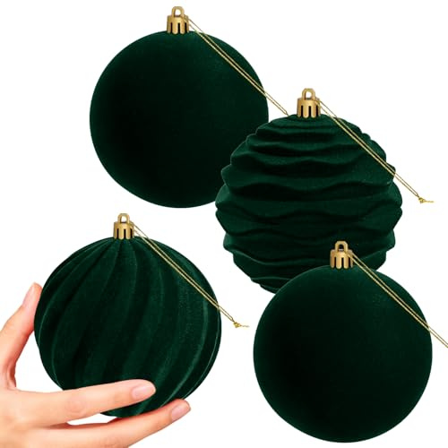 Miaikoe 4 PCS Large Velvet Christmas Balls Ornaments Shatterproof Hanging Set Flocked for Xmas Tree Holiday Party Decorations (Dark Green,10 CM)