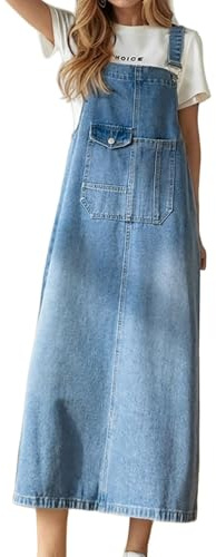 Generisch Jeans vestito estivo da donna, con cinturino regolabile, elegante, lungo, in jeans, senza maniche, con tasche, comoda gonna a salopette, per il tempo libero, maxi abito con spalline, Azzurro