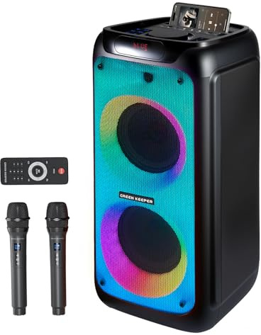 GKD80 Karaokemaskin för Vuxna, 2 Trådlösa UHF Mikrofoner, 600W Topp Bluetooth Högtalare med Dubbla 8'' Subwoofers, Bärbar Partyhögtalare med Fjärrkontroll/Hjul, Sång/Utomhusevenemang/Offentliga Tal