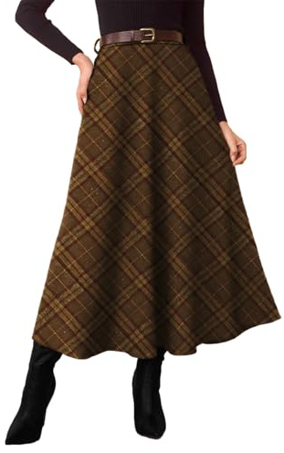 Pink Queen Maxi Tartan Skirts for Women 2026 with Pockets Fall Winter Midi Length Work Office Going Out A Line Flared Plaid Skirts for Womens High Waist Pleated Belt Loop Long Dress Brown XL