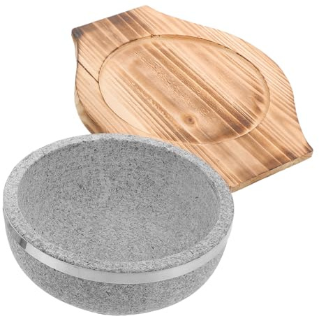 Koreanische Steinschüssel 18cm 800ml mit Holztablett 1 Satz | Naturstein und Holz, für Nudelgerichte und Koreanische Suppe, Geeignet für Küche