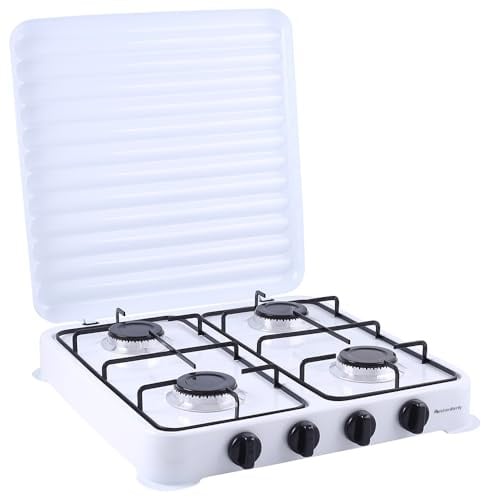 Melchioni Family | Fornello a Gas Modello MINERVA NEW, Quattro Fuochi, Colore Bianco, per Utilizzo Esterno, con Griglia e Fuochi Rimovibili e Coperchio
