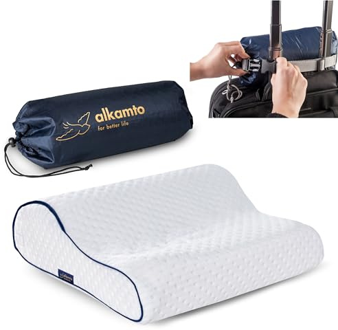 alkamto Travel Pillow - Ergonomic Neck Support Camping Memory Foam Pillow with Temperature-Regulating Pillowcase - Included Waterproof Travel Carry Bag (White Contour)