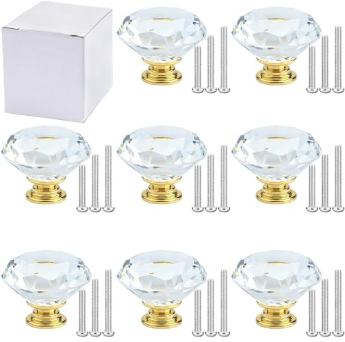 LHNNDM 8 Pcs 40mm Crystal Glass Cabinet Door Knobs, Screws for Home Kitchen Office Cabinet Drawer Decorating (Diamond-Shaped, Gold-Base Black) (Gold-Base Transparent, Diamond-Shaped)