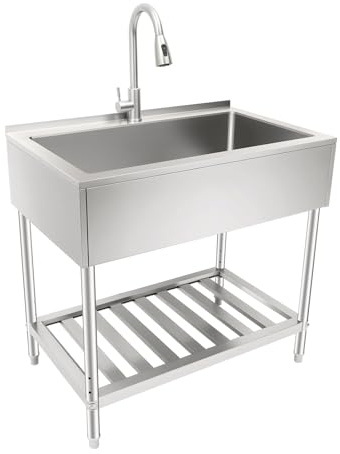 Große Gewerbliche Küchenspüle mit ausziehbarer Brause & 0-2cm Höhenverstellbar Füßen,Kalt-/Warmwasser Edelstahl Einzelbecken Waschbecken Outdoor Spüle für Gastronomie Cafés & Haushalte,91x55.37x87cm