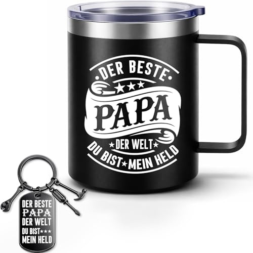 Farbeele Geschenk für Papa, Thermobecher 350ml mit Griff und Glücksbringer Geburtstagsgeschenk, Kaffebecher Thermo Isolierbecher Geschenk für Männer, Papa, Vater, Vatertag, Geburtstag, Schwarz