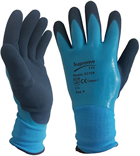 Blue Aqua Waterproof Fully Latex Coated Nylon Safety Work Gloves Builders Gardening (Medium)