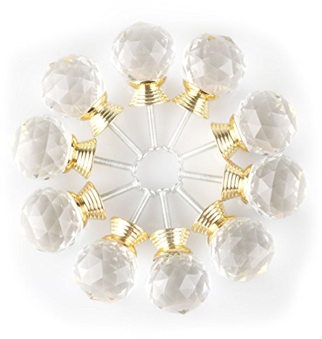 sourcingmap 10Pcs Diamant-Form Kristall Glas Schublade Schrank Ziehgriff Knopf golden Kugel Kristall Transparent & Gold 10 Stück
