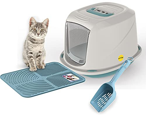 CAT CENTRE Medium Blue Hooded Kitten Litter Tray +Waste Scoop +Tray Mat Set Carbon Filter Small Cat Toilet Pet Box Loo Pan Starter Pack Portable Swing Flap Door Carry Handle Galaxy Easy Cleaning