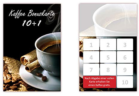 100 Stück Bonuskarten Kaffee (BOK-414) mit 10 Stempelfeldern Treuekarten möglich für Bereiche wie Café Gastronomie, Restaurant, Gaststätte, Bäcker, Konditor …