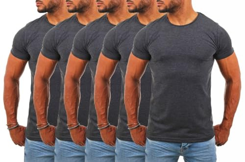 Young & Rich Herren Uni Basic T-Shirt mit Rundhals Ausschnitt einfarbig Stretch körperbetonte Dehnbare Passform 1701, Grösse:3XL, Farbe:Dunkelgrau - 5 Stück